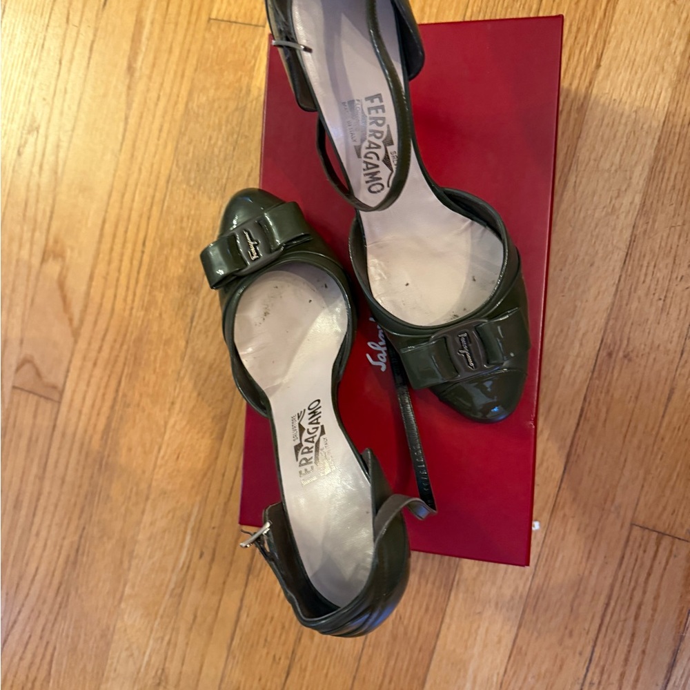 Salvatore Ferragamo Dark Green Peep Toe Heels